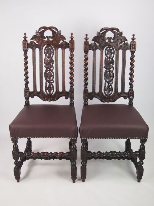 Pair Antique Victorian Oak Gothic Chairs with Leather Seats