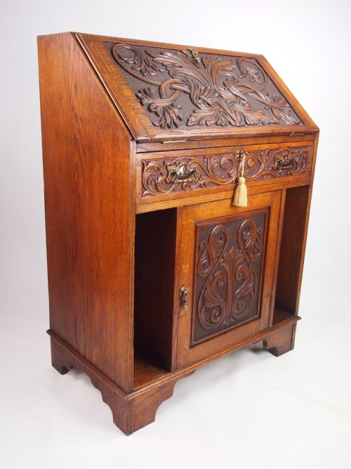 fig 1. Antique Ewardian Carved Oak Bureau