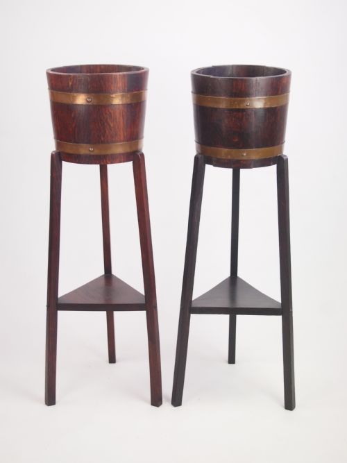 Near Pair Antique Oak Jardinieres / Plant Stands