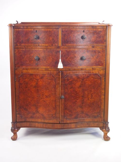 Waring and Gillows Burr Walnut Serpentine Chest Drawers on Cupboard
