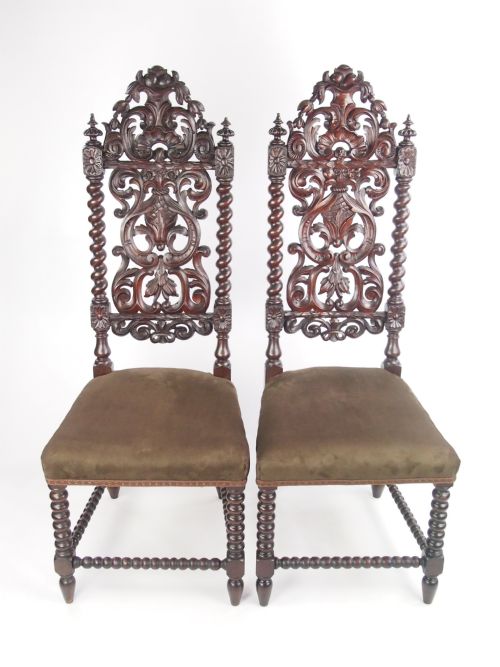 Tall Pair Antique Victorian Gothic Oak Chairs