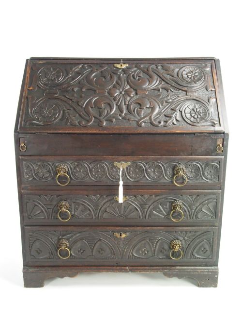 Antique George II & Later Carved Oak Bureau / Desk