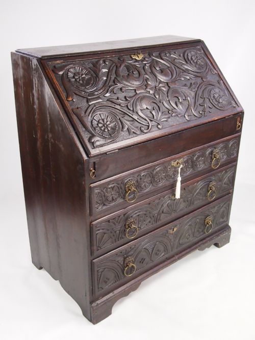 fig 1. Antique George II & Later Carved Oak Bureau / Desk