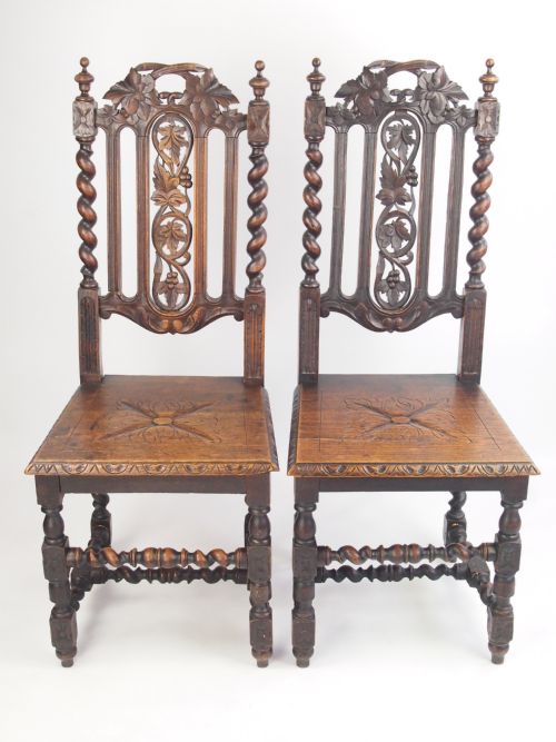 Pair Antique Victorian Gothic Oak Chairs with Label
