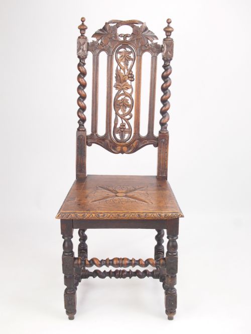 fig 1. Pair Antique Victorian Gothic Oak Chairs with Label