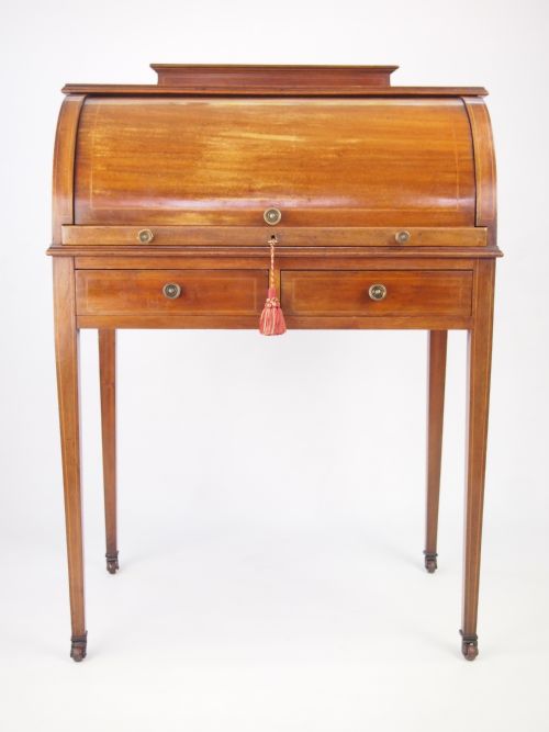 Antique Edwardian Cylinder Top Desk / Mahogany Writing Bureau / Roll Top