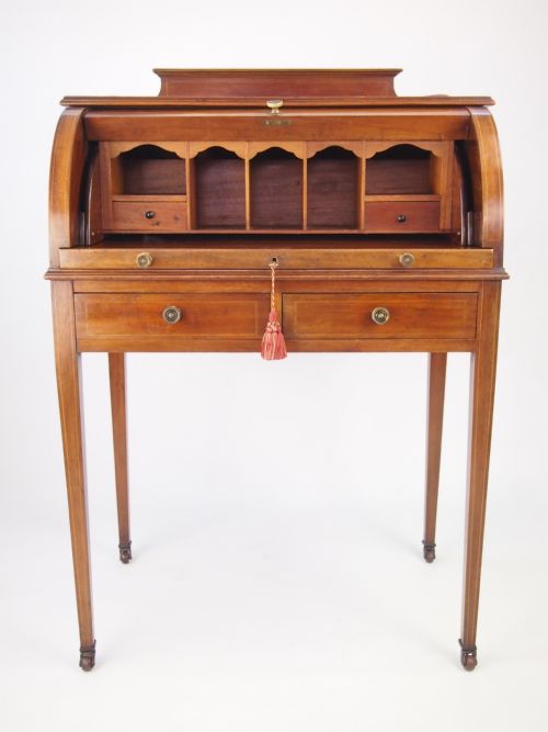 fig 1. Antique Edwardian Cylinder Top Desk / Mahogany Writing Bureau / Roll Top