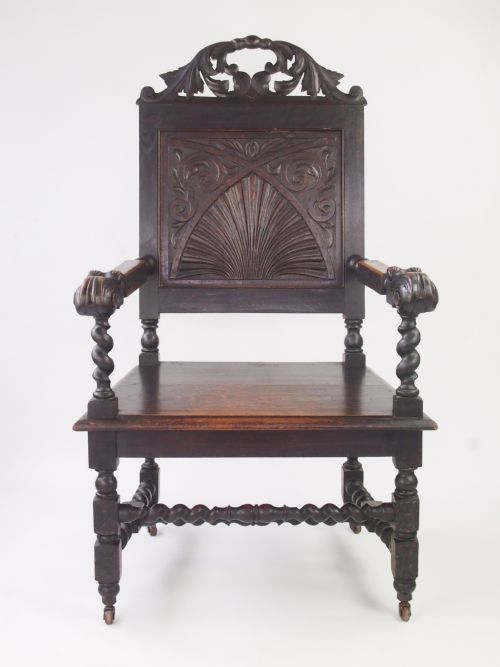 Antique Victorian Gothic Oak Throne Chair / Wainscot Chair