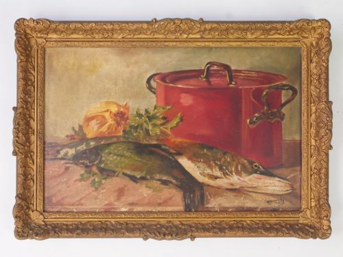 Oil Painting of Fish and Kettle Signed and Dated 1935