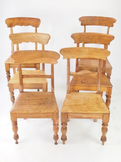 Harlequin Set of Six 19th Century Fruit Wood Kitchen Chairs