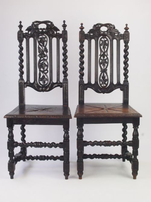 Near Pair Antique Victorian Gothic Revival Chairs