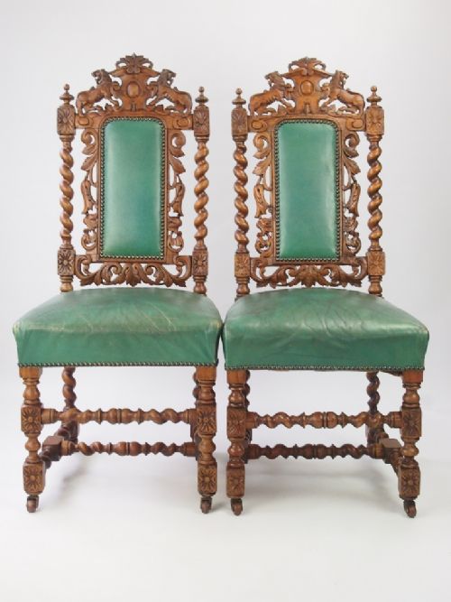 Pair Antique Victorian Oak Gothic Revival Chairs