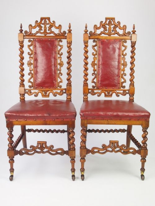 Pair Antique Victorian Gothic Walnut Hall Chairs