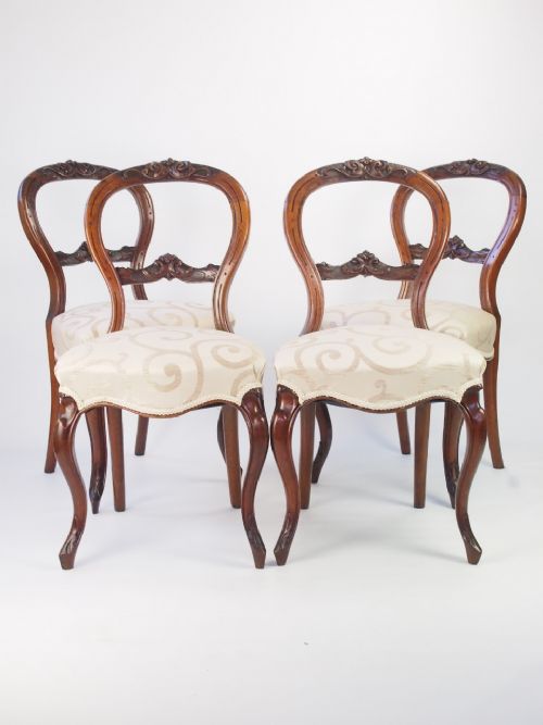 Set 4 Antique Victorian Walnut Balloon Back Dining Chairs