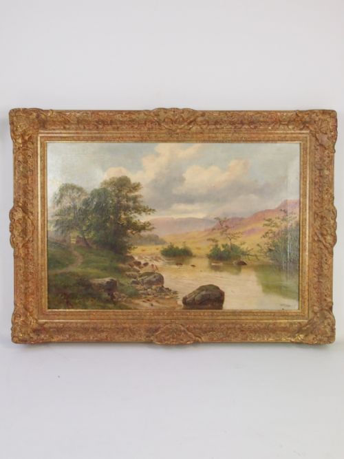 Large Antique Victorian Henry W. Henley Oil Painting Salmon Fishing North Wales