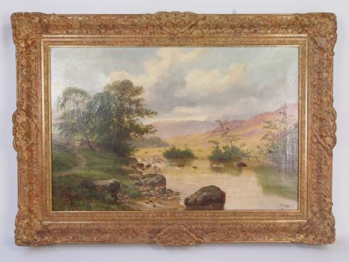fig 2. Large Antique Victorian Henry W. Henley Oil Painting Salmon Fishing North Wales