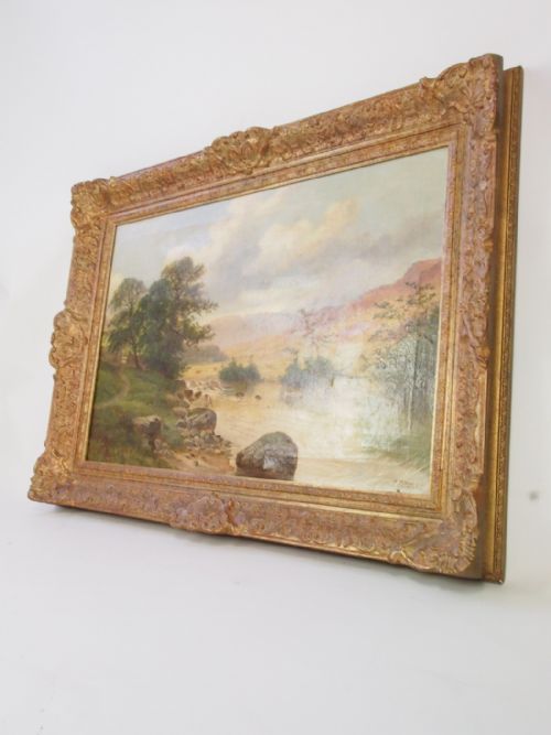 fig 1. Large Antique Victorian Henry W. Henley Oil Painting Salmon Fishing North Wales