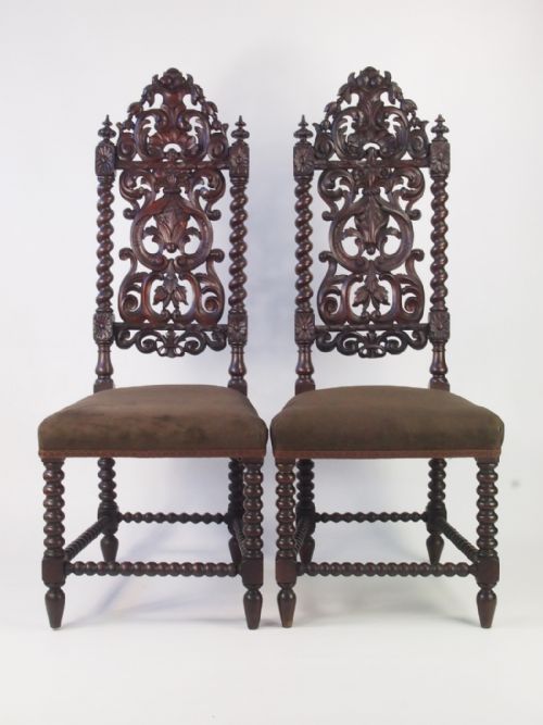 Tall Pair Antique Victorian Gothic Oak Hall Chairs