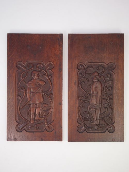 Pair Arts and Crafts Carved Oak Hanging Panels