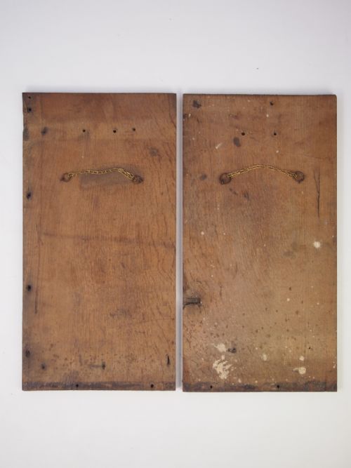 fig 1. Pair Arts and Crafts Carved Oak Hanging Panels