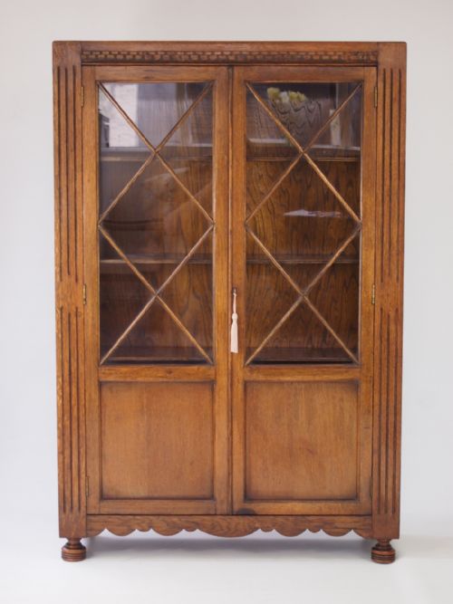 Slim Oak Bookcase with Glazed Doors