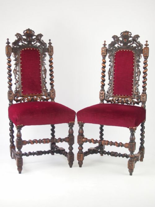 Pair Antique Victorian Gothic Oak Chairs