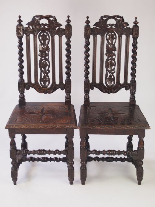 Pair Antique Victorian Gothic Oak Hall Chairs