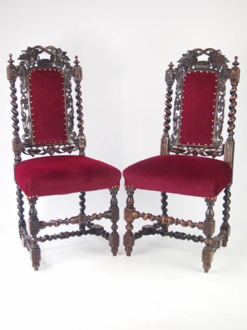 Pair Antique Victorian Gothic Oak Chairs