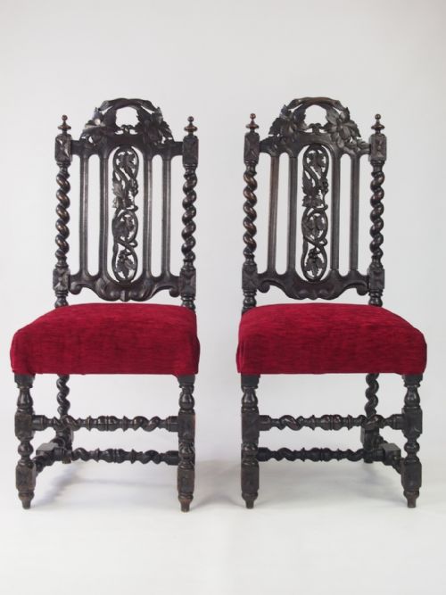 Pair Antique Victorian Gothic Oak Chairs