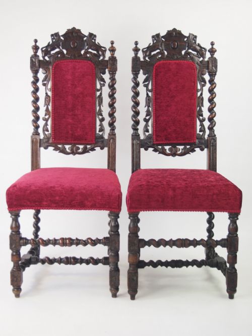 Pair Antique Victorian Gothic Oak Chairs