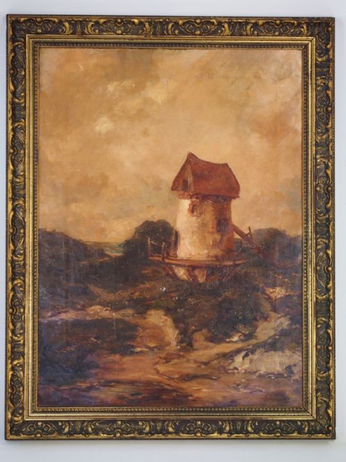 Antique Oil Painting of a Remote Windmill