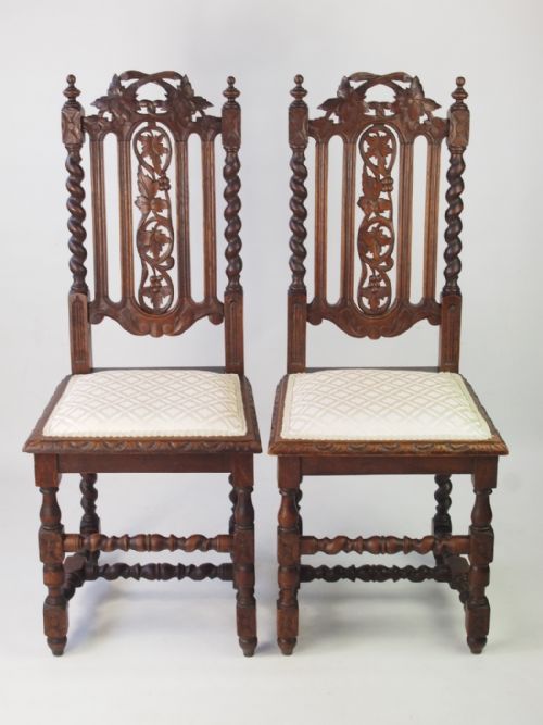 Pair Antique Victorian Gothic Revival Oak Chairs
