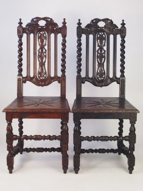 Pair Antique Victorian Gothic Oak Chairs