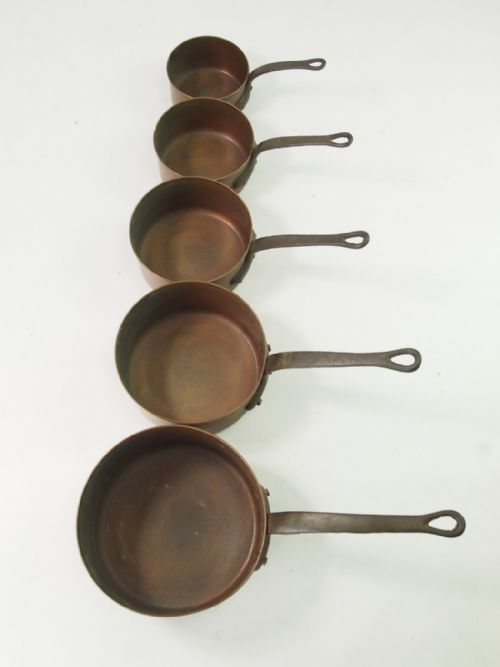fig 1. Set 5 Antique Copper Pans