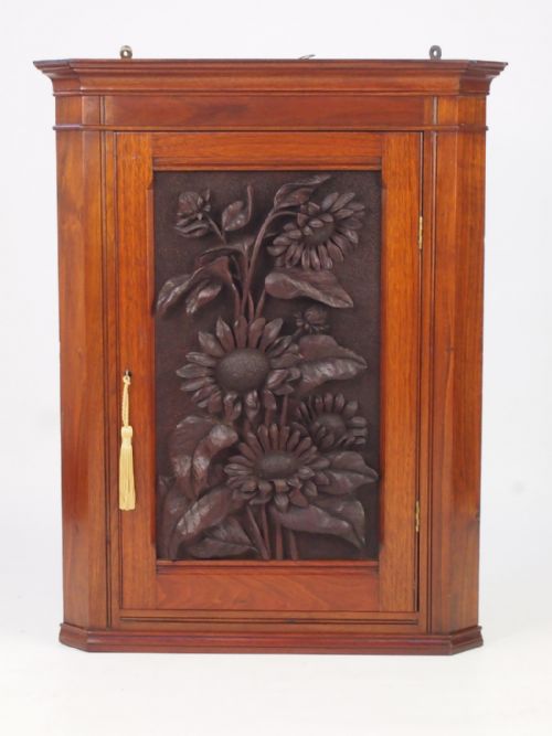 Small Victorian Sunflower Carved Corner Cabinet