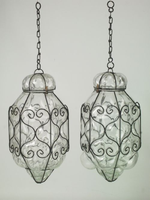 Pair Wire Framed Glass Hanging Lamps