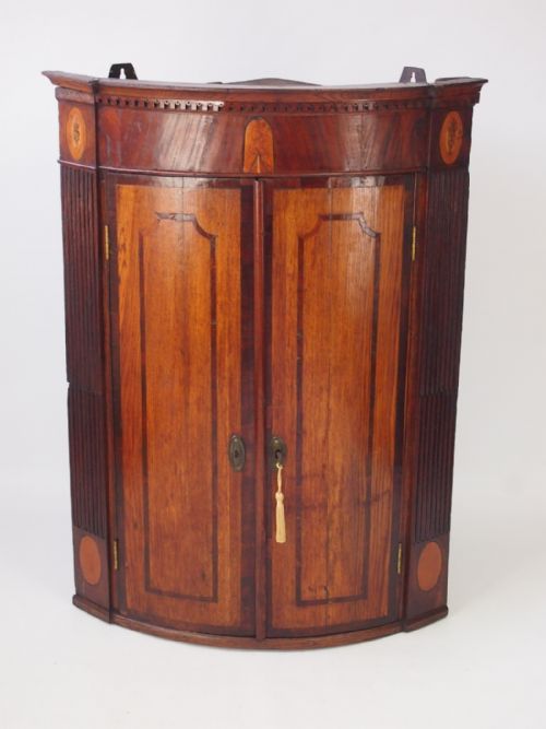 Georgian Bow Fronted Oak & Mahogany Corner Cupboard