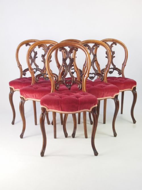 Set 6 Victorian Walnut Balloon Back Chairs