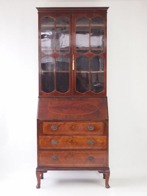 Edwardian Mahogany & Inlaid Bureau Bookcase