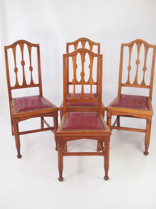 Set 4 Edwardian Arts & Crafts Oak Dining Chairs