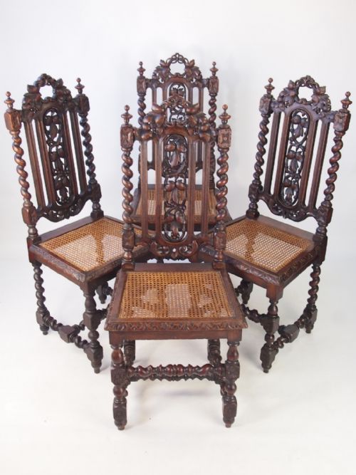 Set 4 Victorian Gothic Oak Dining Chairs