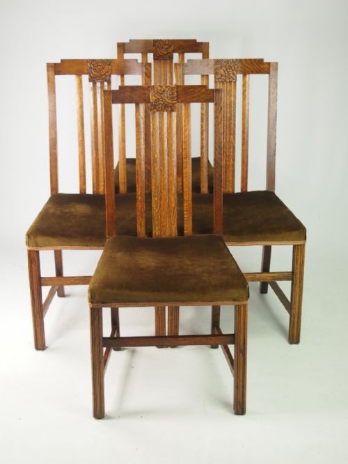 Set 4 Art Deco Oak Dining Chairs