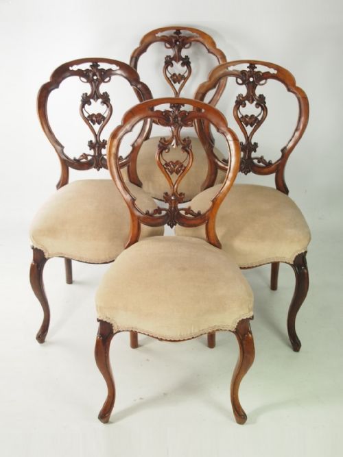 Set 4 Victorian Walnut Balloon Back Chairs