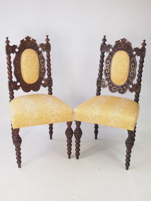 Pair Antique Victorian Oak Gothic Chairs