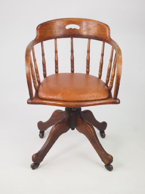 Edwardian Oak Swivel Desk Chair with Leather Seat