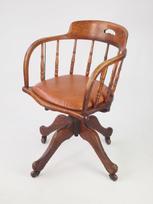 fig 1. Edwardian Oak Swivel Desk Chair with Leather Seat