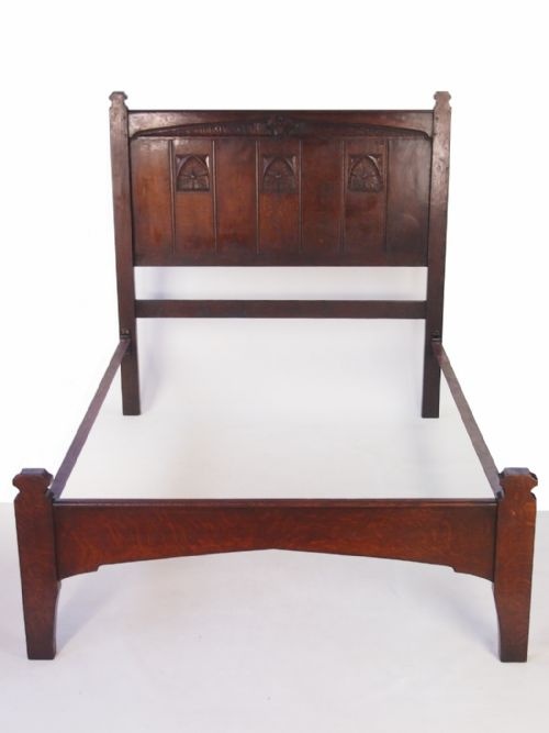 Pair Oak Gothic Revival Double Beds