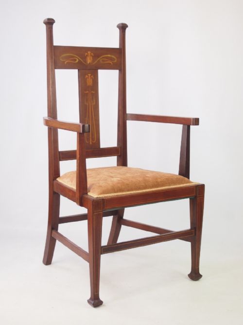 Arts and Crafts Mahogany Inlaid Open Armchair or Desk Chair