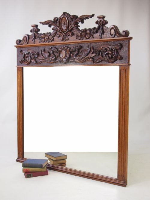 Large Antique Victorian Carved Oak Overmantle Mirror