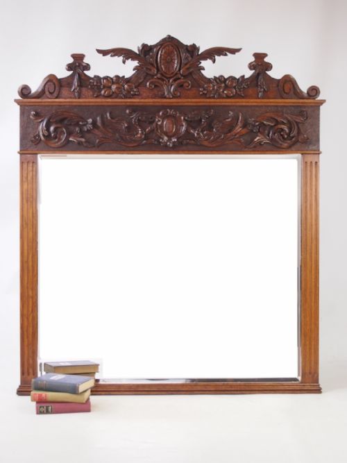 fig 1. Large Antique Victorian Carved Oak Overmantle Mirror
